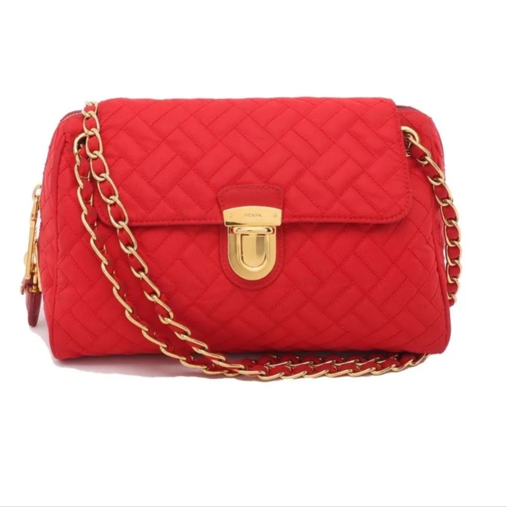 Authentic Prada Red Nylon Quilted Crossbody Shoulder Chain Bag EUC